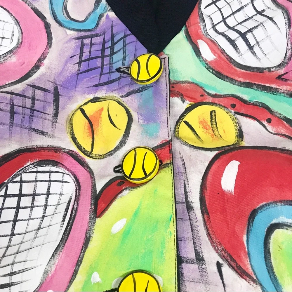 VINTAGE Hand Painted Bomber Jacket Tennis Wearable Art Artsy 80s 90s Size Small - Picture 8 of 15